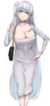  1girl absurdres bag blush breasts choker cleavage collarbone cosplay dongtan_lady_(k_pring) dongtan_lady_(k_pring)_(cosplay) dress fuyutsuki_(kancolle) grey_eyes grin hand_on_own_hip handbag highres kantai_collection kiritto large_breasts long_hair long_sleeves looking_at_viewer mask mouth_mask one_side_up sidelocks simple_background smile solo unworn_mask very_long_hair white_background white_dress 