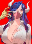  1girl ahoge blue_hair breasts cleavage collared_shirt covered_mouth curled_horns dinosaur_girl hair_over_one_eye horns large_breasts long_hair mask mouth_mask multicolored_hair one_piece pink_eyes pink_hair pink_mask raine_(acke2445) red_background shirt simple_background solo streaked_hair talons ulti_(one_piece) white_shirt 
