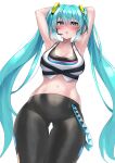  1girl aqua_eyes aqua_hair armpits arms_behind_head arms_up ass_visible_through_thighs bike_shorts black_shorts blush breasts cleavage cowboy_shot empty_eyes fitness_boxing hatsune_miku headset heavy_breathing highres kutan long_hair looking_at_viewer navel open_mouth shorts solo sportswear thighs twintails very_long_hair 