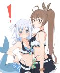  ! 2girls absurdres ahoge arm_around_waist bare_shoulders belt bikini bikini_skirt bikini_under_clothes bikini_under_shorts blue_bikini blue_eyes blush breasts brown_eyes brown_hair closed_mouth feather_hair_ornament feathers fins fish_tail front-tie_bikini_top front-tie_top gawr_gura hair_ornament hairclip highleg highleg_bikini highres hikkishi holding_waist hololive hololive_english hololive_summer_2023_swimsuit layered_bikini long_hair looking_at_viewer medium_breasts midriff multicolored_hair multiple_girls nanashi_mumei official_alternate_costume panty_straps ponytail scrunchie shark_girl shark_hair_ornament shark_tail simple_background small_breasts smile streaked_hair striped striped_bikini swimsuit tail two-tone_bikini two_side_up very_long_hair virtual_youtuber white_background white_belt wrist_scrunchie 