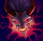  1boy black_sclera blood_moon_thresh blue_background colored_sclera glowing glowing_eyes grey_hair horns league_of_legends long_hair mask red_background red_eyes red_horns solo teeth thresh_(league_of_legends) wosashimi 