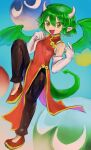  1girl :d black_pants breasts china_dress chinese_clothes draco_centauros dragon_girl dragon_horns dragon_tail dragon_wings dress elbow_gloves full_body gloves green_hair hakonnbo horns looking_at_viewer madou_monogatari middle_finger open_mouth pants pointy_ears puyo_(puyopuyo) puyopuyo red_dress red_footwear shoes short_hair sleeveless sleeveless_dress small_breasts smile tail white_gloves wings yellow_eyes 
