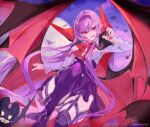  1girl ariya_(nagasawa_tougo) bat_(animal) bat_wings breasts buttons cleavage fangs fingernails flying garter_straps hairband high-waist_skirt highres large_breasts long_fingernails long_hair long_sleeves nagasawa_tougo open_clothes open_mouth open_shirt original outdoors pointy_ears purple_hair red_eyes shirt skirt solo thighhighs twitter_username vampire wings 