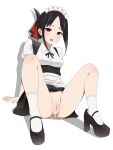  1girl alternate_costume black_hair breasts commentary coro_fae cum cum_in_pussy enmaided folded_ponytail hair_ribbon highres kaguya-sama_wa_kokurasetai_~tensai-tachi_no_renai_zunousen~ knees_up legs m_legs maid maid_headdress open_mouth pussy red_eyes red_ribbon ribbon shinomiya_kaguya simple_background small_breasts socks solo spread_legs symbol-only_commentary uncensored white_background white_socks 