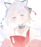  1girl animal_ears arknights blue_eyes blue_flower blush book cat_ears cat_girl commentary flower flower_knot hair_flower hair_ornament hair_up head_tilt highres holding holding_book infection_monitor_(arknights) jacket looking_at_viewer mint_(arknights) mint_(tsukiyoi)_(arknights) off_shoulder official_alternate_costume official_alternate_hairstyle pink_jacket shirt simple_background smile solo tochi_(tochitochi2523) upper_body white_background white_hair white_shirt 