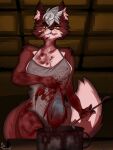  3:4 4_fingers anthro apron apron_only big_breasts black_pawpads blood blood_on_clothing blood_on_face blood_on_hand blood_splatter bodily_fluids breasts canid canine cannibalism chest_tuft cleavage clothed clothing cooking_pot creepy disturbing erect_nipples felid feline female fingers fox fur gore hybrid inner_ear_fluff licking licking_lips licking_own_lips low-angle_view mammal multicolored_body multicolored_fur nipples pawpads smile solo tao_(taoreta) taoreta thick_thighs tongue tongue_out tuft yellow_eyes 