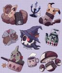  amoonguss animal_focus animal_print blanket blush buttons candle cleffa cooking_pot cup duskull fire fox ghost grid_background hat heart kettle larvitar litwick mimikyu mochopaccho mug mushroom no_humans open_mouth pokemon pokemon_(creature) pumpkaboo purple_background raised_eyebrows red_eyes scarf simple_background skull sleeping socks sweater twitter_username ursaluna vulpix witch_hat yellow_eyes 