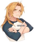  1boy aiphelix alternate_costume blonde_hair earrings edward_elric fullmetal_alchemist grey_nails grey_shirt highres jewelry long_hair looking_at_viewer male_focus nail_polish nose_piercing piercing ring shirt simple_background upper_body white_background yellow_eyes 