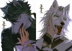  2boys animal_ears bishounen black_hair blue_eyes body_fur braid chinese_clothes chinese_text claws disembodied_limb fangs finger_in_another&#039;s_mouth furry furry_male grey_fur grey_hair hand_grab hand_on_another&#039;s_face hand_up heterochromia kinsatsu_(grizzled) long_hair long_sleeves looking_at_viewer low_ponytail male_focus multiple_boys open_mouth original portrait short_hair_with_long_locks simple_background tongue upper_body white_background wolf_boy wolf_ears yellow_eyes 