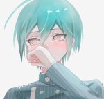  1boy ahoge black_jacket blush brown_eyes buttons covering_mouth danganronpa_(series) danganronpa_v3:_killing_harmony double-breasted green_hair hand_over_own_mouth hand_up highres jacket long_sleeves looking_to_the_side portrait saihara_shuichi sideways_glance simple_background solo striped striped_jacket tabun_wan_paku_shonen white_background 