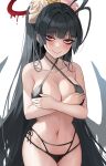  1girl bare_shoulders bikini black_bikini black_hair black_wings blue_archive blush breasts cleavage collarbone criss-cross_halter feathered_wings flower hair_flower hair_ornament halo halterneck highres large_breasts long_hair looking_at_viewer low_wings navel ponytail red_eyes smile solo suou-sensei swimsuit tsurugi_(blue_archive) tsurugi_(swimsuit)_(blue_archive) white_background wings 