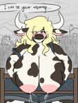  anthro big_breasts biped blonde_hair bodily_fluids bovid bovine breast_milking breasts cattle clothed clothing curvy_figure digital_drawing_(artwork) digital_media_(artwork) farm farmer female hair horn lactating looking_at_viewer mammal matilda_(mexifurfoof) mature_female mexifurfoof milk nipples overalls overweight simple_background smile solo text thick_thighs voluptuous wide_hips 