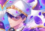  absurdres adjusting_clothes adjusting_headwear cape character_name collared_shirt epaulettes f6 falling_petals flower gloves gold_trim hat highres male_focus matsuno_ichimatsu military_hat on_shiromeshi osomatsu-san peaked_cap petals pink_eyes purple_flower purple_hair rose_petals shirt white_cape white_gloves white_headwear 