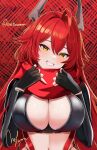  1girl absurdres ahoge black_gloves black_shirt breasts cleavage crop_top fingerless_gloves gloves goddess_of_victory:_nikke grin hands_up head_tilt highres horns large_breasts long_hair long_sleeves looking_at_viewer midriff navel no_bra panties red_background red_hair red_hood_(nikke) scarf shiny_clothes shirt skindentation smile solo stomach string_panties twomoon underwear unzipped upper_body yellow_eyes 