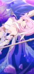  1girl bare_legs barefoot breasts character_name elysia_(herrscher_of_human:ego)_(honkai_impact) elysia_(honkai_impact) hair_ornament highres honkai_(series) honkai_impact_3rd large_breasts looking_at_viewer official_art pink_eyes pink_hair smile solo staff upper_body 