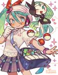  1girl aqua_hair artist_name bag bag_charm beanie blue_eyes blush blush_stickers bow charm_(object) commentary forehead_jewel fukomo gloves green_hair hair_bow hat hatsune_miku headphones heart long_hair meloetta meloetta_(aria) miniskirt music musical_note one_eye_closed open_mouth piano_print plaid plaid_skirt pleated_skirt poke_ball poke_ball_(basic) poke_ball_print pokemon pokemon_(creature) polo_shirt project_voltage psychic_miku_(project_voltage) red_bow shirt shoes shoulder_bag single_glove skirt smartwatch smile sneakers sparkle twintails unown unown_m vocaloid watch white_gloves white_shirt wristwatch 