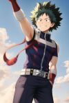  ai_generated capture_strap dinolovergaming green_eyes green_hair hair hiroki_tanaki human male mammal my_hero_academia_the_next_generation smile solo superhero_costume 