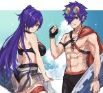  1boy 1girl abs ass bare_shoulders bikini black_bikini black_choker breasts choker fire_emblem fire_emblem:_three_houses fire_emblem_heroes fire_emblem_warriors:_three_hopes flower hair_bun hair_flower hair_ornament hair_over_one_eye highres large_breasts leon0630claude long_hair looking_at_viewer official_alternate_costume purple_eyes purple_hair see-through see-through_skirt shez_(female)_(fire_emblem) shez_(female)_(summer)_(fire_emblem) shez_(fire_emblem) shez_(male)_(fire_emblem) shez_(male)_(summer)_(fire_emblem) single_hair_bun skirt stomach swimsuit white_background white_flower 