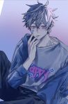  1boy bandaid bandaid_on_face bishounen black_pants blue_eyes cowboy_shot grey_hair hand_up highres jacket looking_at_viewer male_focus original pants short_hair sitting solo taiyakitarou 