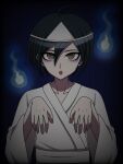  1boy :o ahoge black_hair brown_eyes collarbone danganronpa_(series) danganronpa_v3:_killing_harmony fire flame ghost_costume hair_between_eyes hands_up highres long_sleeves looking_at_viewer saihara_shuichi short_hair solo suiren_yurei teeth upper_body upper_teeth_only 