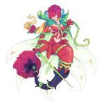 1girl blonde_hair cape covered_eyes digimon digimon_(creature) flower full_body green_cape hair_flower hair_ornament highres long_hair mask mermaid monster_girl petals red_flower red_rose red_tail roccoco_co rose rosemon simple_background solo white_background 