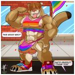  aaron_(artist) anthro barely_contained border bulge claws cougar felid feline hair hair_over_eyes hi_res lgbt_pride male mammal muscular muscular_anthro muscular_male nipple_piercing nipples outside piercing solo speech_bubble toe_claws white_border 