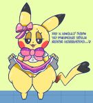  anthro black_eyes bottomwear bow_ribbon clothed clothing cosplay_pikachu_(costume) dipstick_ears dipstick_tail ellipsis english_text female generation_1_pokemon genitals half-closed_eyes looking_at_viewer markings multicolored_ears narrowed_eyes nintendo no_underwear pikachu pikachu_pop_star pokemon pokemon_(species) pupils pussy question_mark skirt slem solo tail tail_markings text thick_thighs white_pupils wide_hips yellow_body 