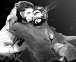  2boys arm_hair bara beard chest_hair cigar collared_shirt couple cowboy_hat eye_contact facial_hair graves_(league_of_legends) greyscale hair_slicked_back hand_on_another&#039;s_head hat heads_together imminent_kiss karipaku large_pectorals league_of_legends long_hair looking_at_another male_focus mature_male monochrome multiple_boys muscular muscular_male mustache partially_unbuttoned pectoral_cleavage pectorals shirt short_hair smile smoking thick_eyebrows twisted_fate upper_body yaoi 