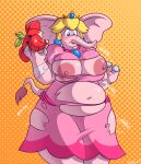  2023 absurd_res after_transformation anthro apple areola belly belly_expansion big_areola big_belly big_breasts big_nipples blonde_hair blue_eyes blush breast_expansion breasts butt butt_expansion clothing crown digital_drawing_(artwork) digital_media_(artwork) elephant elephant_peach elephantid english_text expansion female food fruit growth hair headgear hi_res huge_belly huge_breasts jusaguy mammal mario_bros nintendo nipples overweight overweight_female pink_body plant princess_peach proboscidean shaded signature simple_background slightly_chubby solo super_mario_bros_wonder text thick_thighs torn_clothing transformation trunk wide_hips 