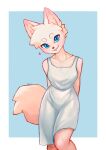  &lt;3 2023 absurd_res anthro blue_eyes breasts canid canine clothed clothing collarbone color_fox dress eyebrows female fox front_view fur hi_res mammal monotone_body monotone_fur monotone_tail signature solo tail teeth white_clothing white_dress 