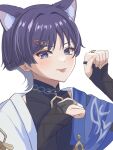  1boy absurdres animal_ears cat_ears closed_mouth genshin_impact gs_hogehoge hair_ornament hairclip highres japanese_clothes long_sleeves male_focus open_clothes purple_eyes purple_hair scaramouche_(cat)_(genshin_impact) scaramouche_(genshin_impact) shirt short_hair smile solo tongue tongue_out wanderer_(genshin_impact) white_background 