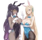  2girls animal_ears asuna_(blue_archive) asuna_(bunny)_(blue_archive) bare_shoulders blonde_hair blue_archive blue_bow blue_bowtie blue_eyes blue_leotard blush bow bowtie breasts cleavage dark-skinned_female dark_skin detached_collar fake_animal_ears fishnets gloves grin hair_over_one_eye highleg highres karin_(blue_archive) karin_(bunny)_(blue_archive) large_breasts leotard long_hair looking_at_viewer mole mole_on_breast multiple_girls official_alternate_costume pantyhose playboy_bunny ponytail purple_hair rabbit_ears rabbit_tail simple_background smile somnuss strapless tail traditional_bowtie white_background white_gloves wrist_cuffs yellow_eyes 