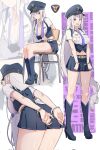  1girl belt bent_over breasts cleavage commentary cuffs emilia_(re:zero) grey_hair handcuffs hat high_heels highres long_hair miniskirt navel necktie police police_hat police_uniform policewoman purple_eyes re:zero_kara_hajimeru_isekai_seikatsu sitting skirt solo symbol-only_commentary uniform very_long_hair zerobarto 