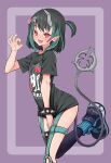  1girl black_footwear black_hair black_shirt black_thighhighs blue_hair blue_socks blush bracelet commentary_request demon_girl demon_horns demon_tail eye_hair_ornament fang fingernails flat_chest foot_out_of_frame highres horns jewelry k_waremono looking_at_viewer medium_bangs multicolored_hair nanashi_inc. official_alternate_costume ok_sign one_side_up open_mouth pointy_ears purple_background red_eyes red_nails shirt shishio_chris shishio_chris_(3rd_costume) shoes short_hair short_sleeves single_thighhigh smile sneakers socks solo spiked_bracelet spikes tail thighhighs two-tone_hair virtual_youtuber 