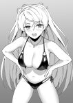  1girl alternate_costume bikini blush breasts cleavage collarbone commentary conte_di_cavour_(kancolle) greyscale hair_between_eyes hands_on_own_hips highres jewelry kantai_collection large_breasts leaning_forward long_hair looking_at_viewer monochrome navel necklace open_mouth shingyou_(alexander-13) side-tie_bikini_bottom solo swimsuit two_side_up 