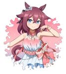  1-4daithi 1girl absurdres animal_ears bare_shoulders blue_eyes blush bow breasts brown_hair closed_mouth dress gloves hair_between_eyes hand_up highres horse_ears horse_girl horse_tail jewelry looking_at_viewer medium_hair necklace pink_bow pink_gloves sakura_chiyono_o_(fleur_enneigee)_(umamusume) sakura_chiyono_o_(umamusume) sleeveless sleeveless_dress small_breasts smile solo tail umamusume upper_body 