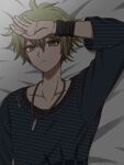  1boy ahoge amami_rantaro arm_up bed_sheet bracelet collarbone danganronpa_(series) danganronpa_v3:_killing_harmony green_eyes green_hair hand_on_own_forehead highres jewelry looking_at_viewer male_focus messy_hair necklace ring shirt short_hair solo striped striped_shirt suiren_yurei upper_body 