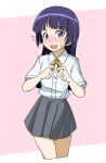  black_hair blue_eyes blush embarrassed gokou_ruri grey_skirt heart heart_hands hime_cut mole mole_under_eye open_mouth ore_no_imouto_ga_konna_ni_kawaii_wake_ga_nai pink_background ribbon school_uniform shirt skirt smile sweatdrop tsukiguma white_shirt yellow_ribbon 