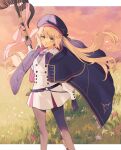  1girl artoria_caster_(fate) artoria_caster_(second_ascension)_(fate) artoria_pendragon_(fate) belt beret black_gloves black_pantyhose blonde_hair blue_cape blue_headwear blush breasts buttons cape double-breasted dress fate/grand_order fate_(series) gloves gradient_sky green_eyes hat highres hood hooded_cape long_hair long_sleeves looking_at_viewer multicolored_cape multicolored_clothes open_mouth orange_sky pantyhose red_cape sky small_breasts solo staff thighs twilight twintails uxco0 white_dress 