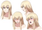  1girl absurdres blonde_hair blush closed_mouth collarbone commentary completely_nude expressions frown hall_onon highres long_bangs looking_at_viewer looking_to_the_side nude open_mouth original purple_eyes reference_sheet saria_(hall_onon) sidelocks teeth upper_teeth_only 