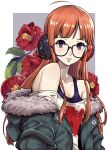  1girl :p ahoge bare_shoulders behind-the-head_headphones blunt_bangs border collarbone flower fur-trimmed_jacket fur_trim glasses green_jacket headphones hibiscus highres ito_(daisukidanchi) jacket leaf long_hair looking_at_viewer off-shoulder_shirt off_shoulder orange_hair persona persona_5 purple_eyes red_flower sakura_futaba shirt solo tongue tongue_out upper_body white_border 