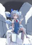  1girl absurdres bare_legs barefoot blue_bow blue_dress blue_eyes blue_hair blue_ribbon blush bow cirno closed_mouth detached_wings dress fairy fairy_wings frozen hair_between_eyes hair_bow hair_ornament hair_ribbon highres ice ice_wings looking_at_viewer puffy_short_sleeves puffy_sleeves ribbon short_hair short_sleeves sidelocks sitting solo teeth touhou wings yukinoa3 