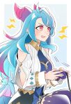  1girl ;p aqua_hair clothing_cutout controller dragalia_lost dragon_girl dragon_horns from_side game_controller gamecube_controller holding holding_controller horns long_hair long_sleeves mercury_(dragalia_lost) multicolored_hair one_eye_closed red_hair shoulder_cutout solo tongue tongue_out two-tone_hair very_long_hair xiafei97 