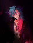  1boy abs azumishard black_background blue_hair chest_jewel chest_tattoo coat curtained_hair eiyuu_densetsu english_commentary gem glowing glowing_eyes hair_over_one_eye hajimari_no_kiseki highres long_hair mcburn mullet multicolored_hair open_clothes open_coat portrait red_eyes sen_no_kiseki solo swept_bangs tattoo two-tone_hair upper_body 