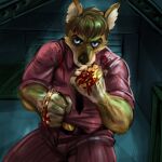  anthro brass_knuckles canid canine clothing dress_shirt fighting_pose lostwisdom male mammal melee_weapon pose shirt solo topwear warehouse weapon 