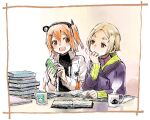  2girls a.i._voice adachi_rei black_shirt blonde_hair blush book book_stack border brown_eyes cellphone character_print coat commentary_request cup eye_contact green_hoodie hair_ribbon hand_on_own_chin hatching_(texture) hatsune_miku headlamp holding holding_phone hood hood_down hoodie hot_drink jacket long_sleeves looking_at_another maki_(nasulily) mug mujika_(utau) multiple_girls neumafu nodding one_side_up open_book open_clothes open_jacket orange_eyes orange_hair parted_bangs phone print_mug purple_coat purple_sailor_collar ribbon sailor_collar shirt short_hair smartphone smile steam table thick_eyebrows trait_connection turtleneck utau vocaloid white_border white_jacket white_ribbon 
