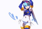  1girl :o android armpits arms_up bikini blue_eyes blurry breasts covered_navel crop_top gloves heart helmet kaidou_zx leviathan_(mega_man) looking_at_viewer mega_man_(series) mega_man_zero_(series) open_mouth panties robot robot_girl side-tie_bikini_bottom simple_background solo striped striped_panties swimsuit thighhighs underwear white_background white_gloves 