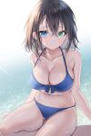  1girl bare_shoulders bikini black_hair blue_bikini blue_eyes blush breasts cleavage closed_mouth collarbone green_eyes heterochromia large_breasts looking_at_viewer navel original shallow_water short_hair sitting smile solo swimsuit water yoruhoshi_owl 