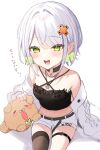 .live 1girl blush breasts character_request collarbone dog earrings green_eyes grey_hair hair_ornament highres jacket jewelry necklace open_mouth ribbon_earrings satoupote shorts single_thighhigh small_breasts solo thighhighs translation_request virtual_youtuber 