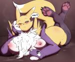 anthro armwear bandai_namco big_breasts big_butt black_pupils blush bodily_fluids breasts butt claws clothing crossed_legs digimon digimon_(species) female hi_res lactating legwear looking_at_viewer lying milk mouth_closed musk on_front paw_socks pupils renamon simple_background solo speech_bubble spicyocean stockings sweat sweaty_body sweaty_breasts sweaty_butt sweaty_face sweaty_legs sweaty_thighs 